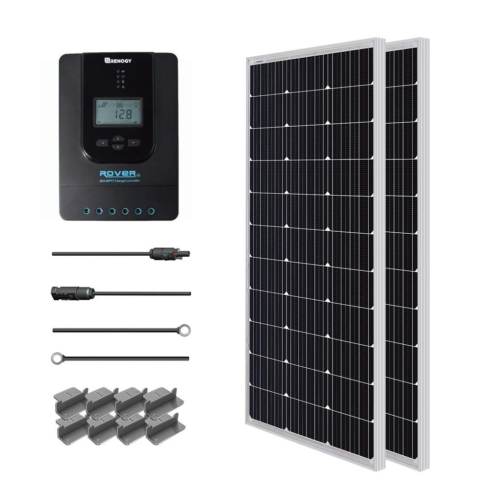 Renogy 400 Watt 12 Volt Premium 4 Pcs 100W Panel+40A MPPT Charge Controller+ Bluetooth Module Fuse+ Mounting Z Brackets+Adaptor Kit +Tray Cables Set, 400W, Grid 12V Solar Power System