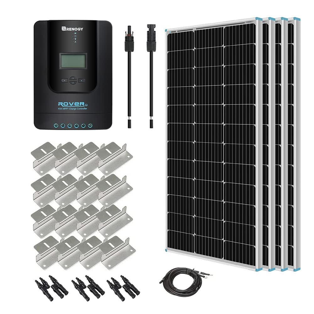 Renogy 400 Watt 12 Volt Premium 4 Pcs 100W Panel+40A MPPT Charge Controller+ Bluetooth Module Fuse+ Mounting Z Brackets+Adaptor Kit +Tray Cables Set, 400W, Grid 12V Solar Power System