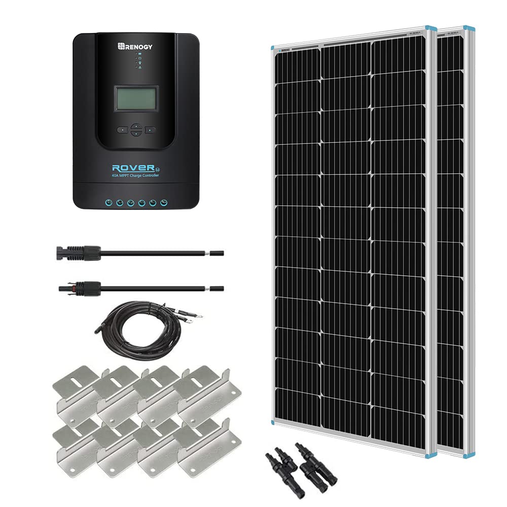 Renogy 400 Watt 12 Volt Premium 4 Pcs 100W Panel+40A MPPT Charge Controller+ Bluetooth Module Fuse+ Mounting Z Brackets+Adaptor Kit +Tray Cables Set, 400W, Grid 12V Solar Power System
