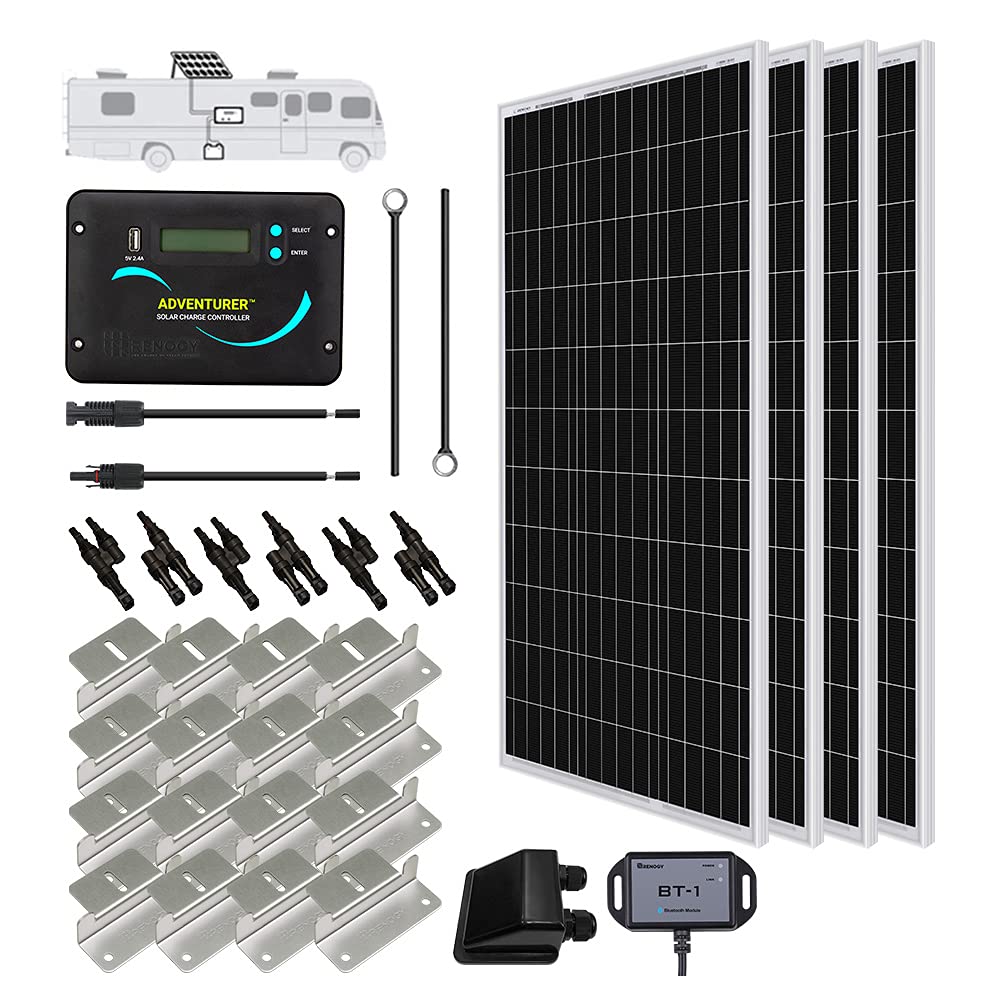 Renogy 400 Watt 12 Volt Premium 4 Pcs 100W Panel+40A MPPT Charge Controller+ Bluetooth Module Fuse+ Mounting Z Brackets+Adaptor Kit +Tray Cables Set, 400W, Grid 12V Solar Power System