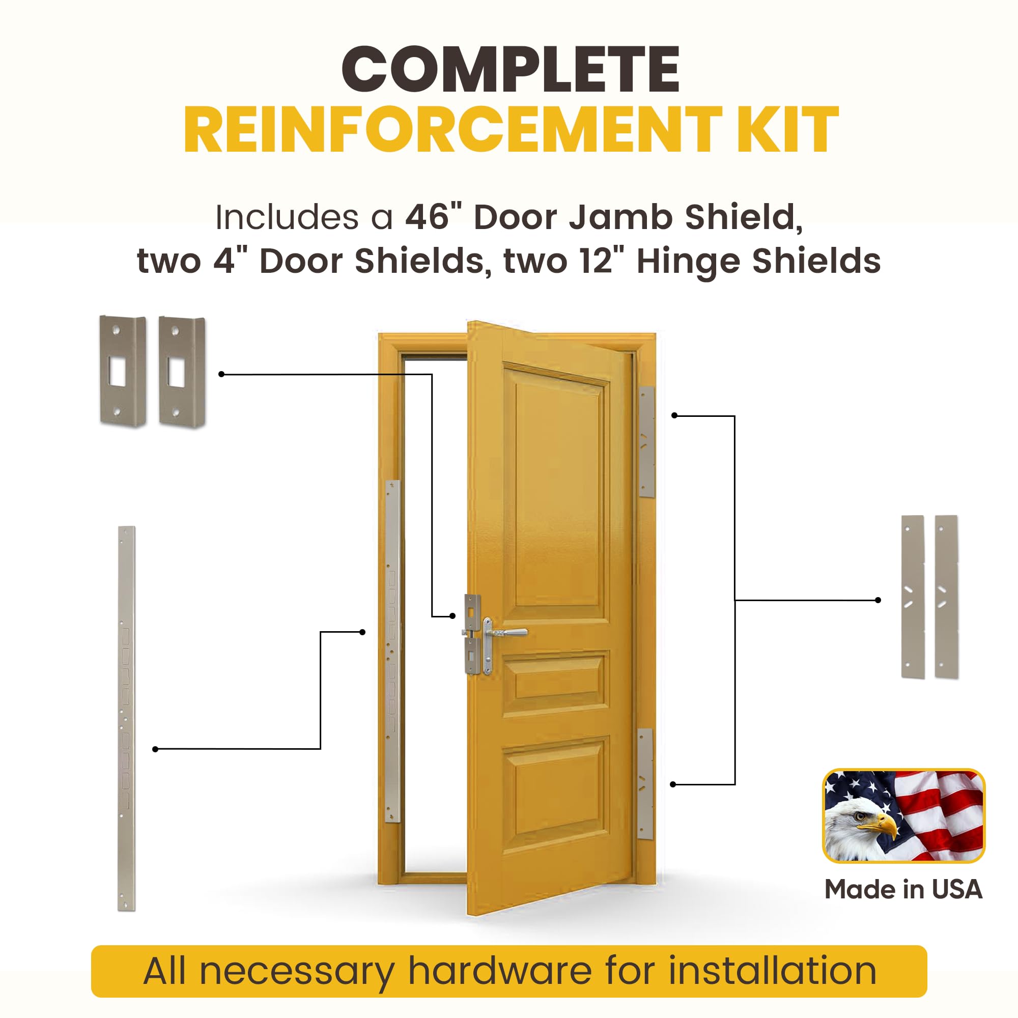 Armor Concepts Door Armor MAX Single Door Security Kit, Door Reinforcement Set for Jamb, Frame & Hinges, 5-Piece Door Lock Security, 30-Min Installation, Corrosion Proof, White
