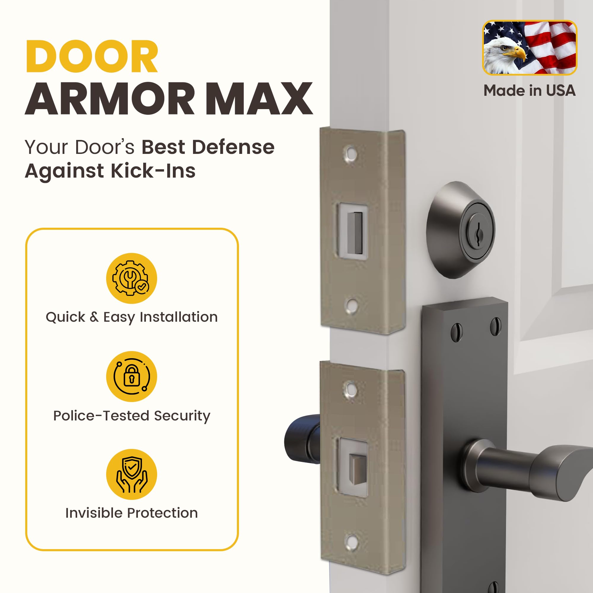 Armor Concepts Door Armor MAX Single Door Security Kit, Door Reinforcement Set for Jamb, Frame & Hinges, 5-Piece Door Lock Security, 30-Min Installation, Corrosion Proof, White